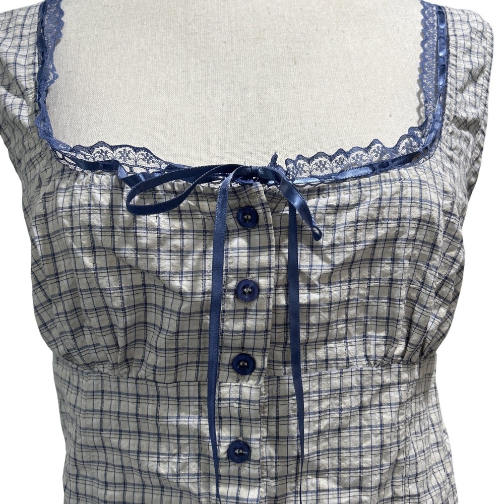 Pacsun Women's Top Medium Your Favorite Plaid Button Up Lace Trim Top Babydoll - Picture 4 of 12